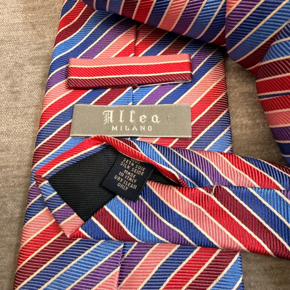 Altea Milano Mens Silk Tie Blue Red Pink Purple Diagonal Stripe Made in Italy - Picture 2 of 4